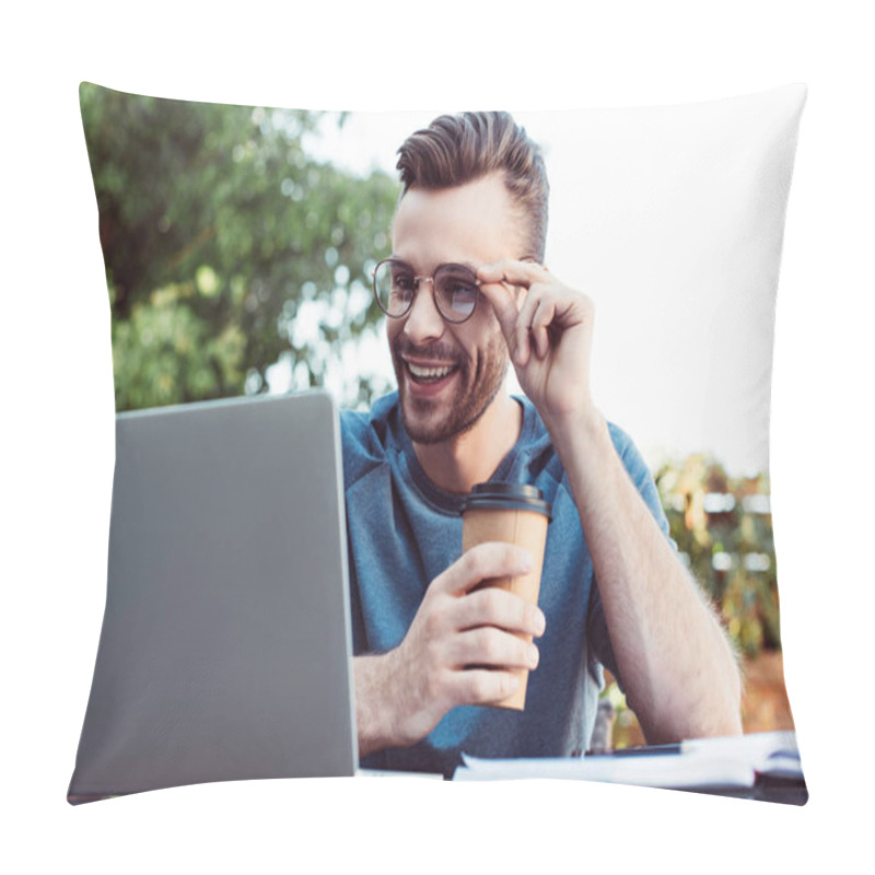 Personality  Smiling Handsome Man Taking Part In Webinar And Touching Glasses In Park Pillow Covers