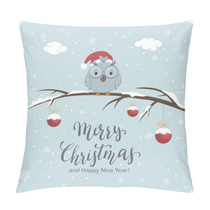 Personality  Little Owl With Santa's Hat On Branch With Snow And Red Christmas Balls. Lettering Merry Christmas And Happy New Year On Winter Background, Illustration. Pillow Covers