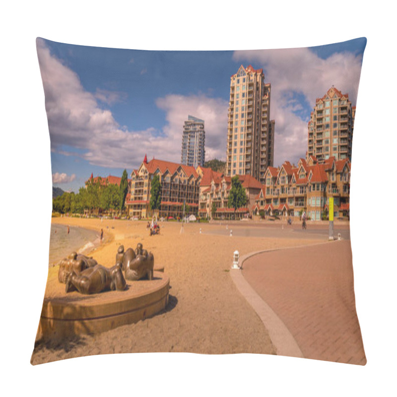 Personality  Kelowna, British Columbia/Canada - July 24, 2020: Waterfront At The Rhapsody Plaza With The Bronze Art Display Of 5 Sunbathers Named 'On The Beach' In The City Of Kelowna Pillow Covers