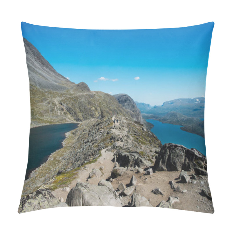 Personality  People Hiking On Besseggen Ridge Over Gjende Lake In Jotunheimen National Park, Norway  Pillow Covers