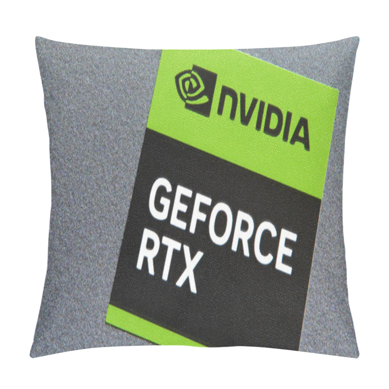 Personality  NVIDIA GeForce RTX GPU Graphics Card Series Model Manufacturer Sticker On A Laptop Computer, Closeup, Nobody. Ray Tracing, Cuda Tensor Cores, AI Models Training Concept Pillow Covers