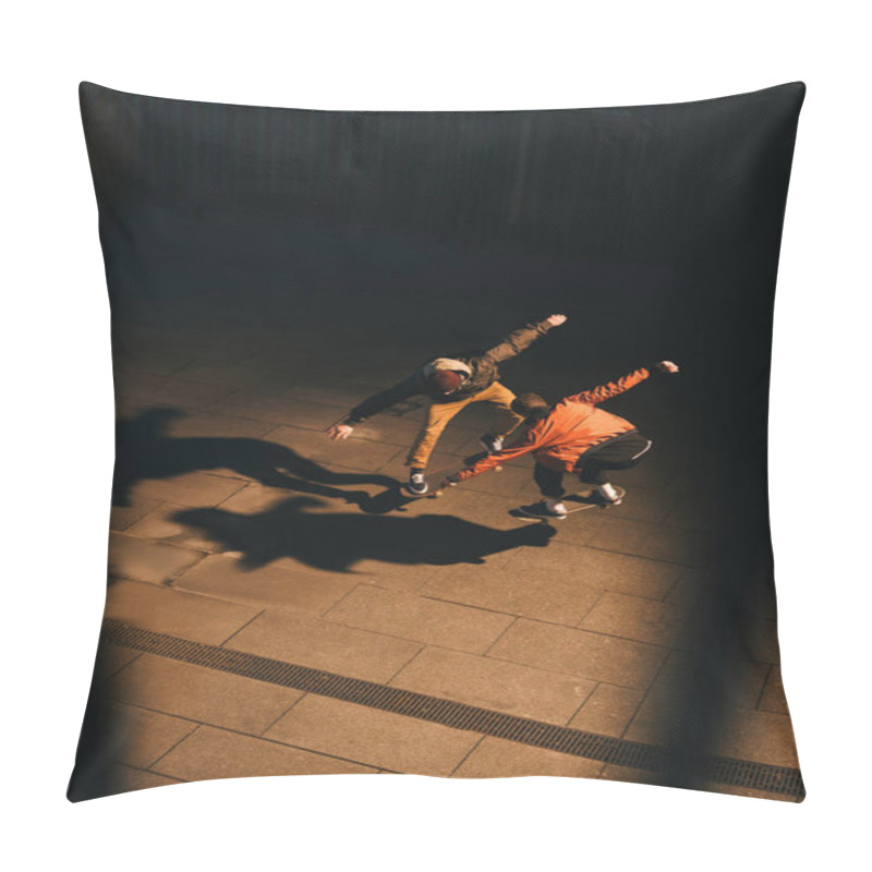 Personality  High Angle View Of Skateboarders Doing Same Trick Together Pillow Covers