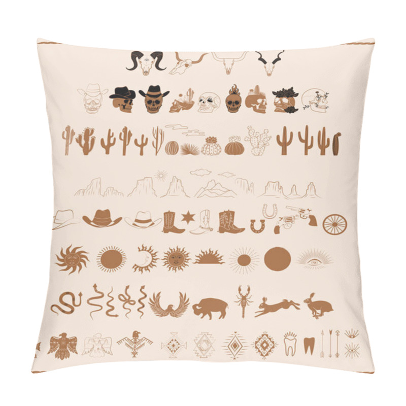 Personality  Wild West Elements Collection With Cactus, Skull, Desert Landscape, Western Animals, Symbols. Perfect For Create Logotype. Editable Vector Illustration. Pillow Covers