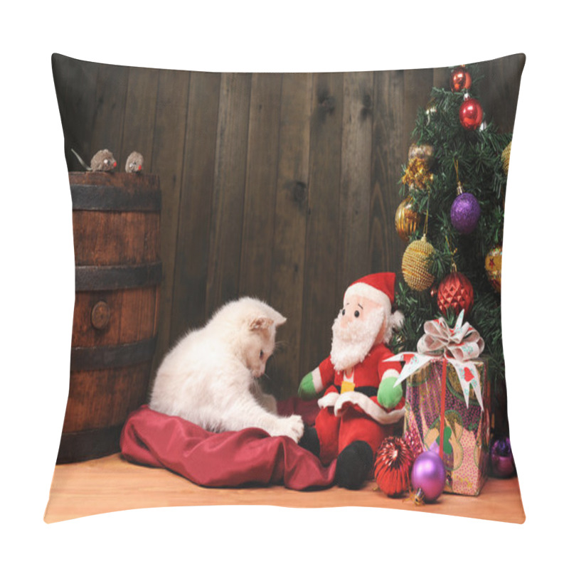 Personality  White Cat Playing With A Santa Claus Pillow Covers