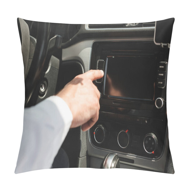 Personality  Cropped View Of Businessman Using Vehicle Audio System In Auto  Pillow Covers