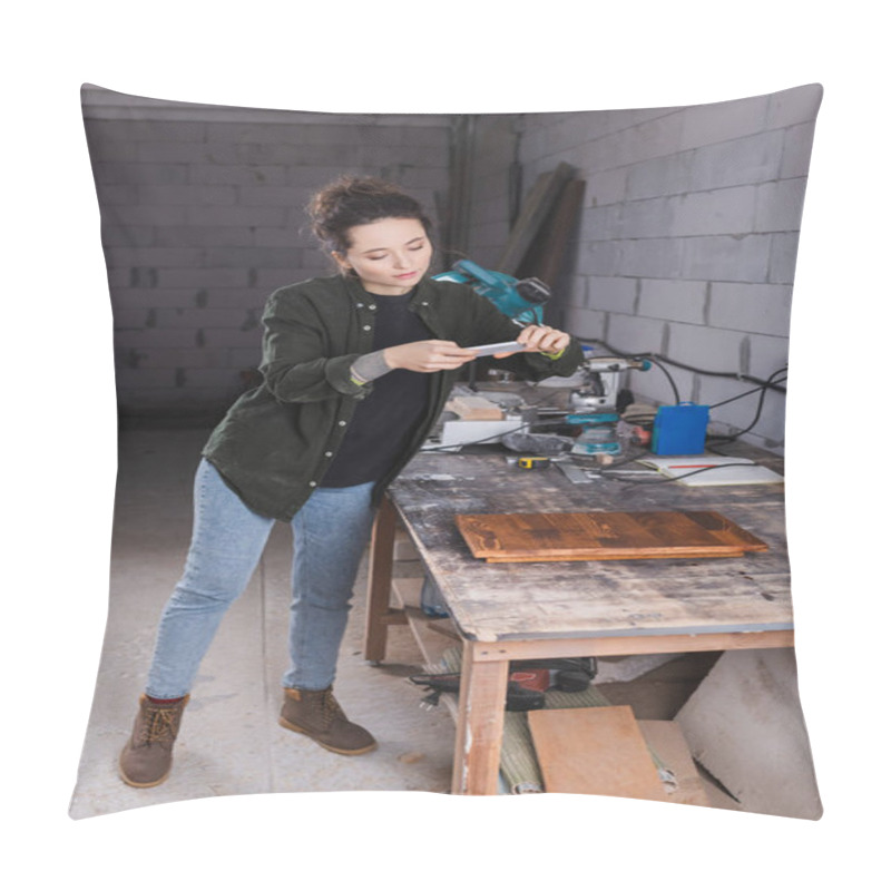 Personality  Tattooed Carpenter Taking Photo On Smartphone Near Wooden Plank In Workshop  Pillow Covers