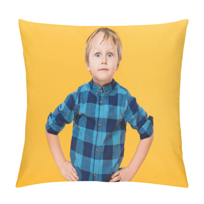 Personality  Portrait Of Little Boy In Shirt Standing Akimbo Isolated On Yellow Pillow Covers