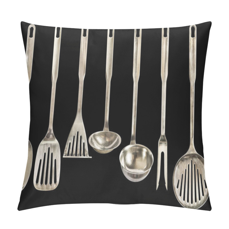 Personality  High Resolution Old Patinated Seven Pieces Stainless Steel Kitchen Utensils Set Isolated On Black Background Pillow Covers