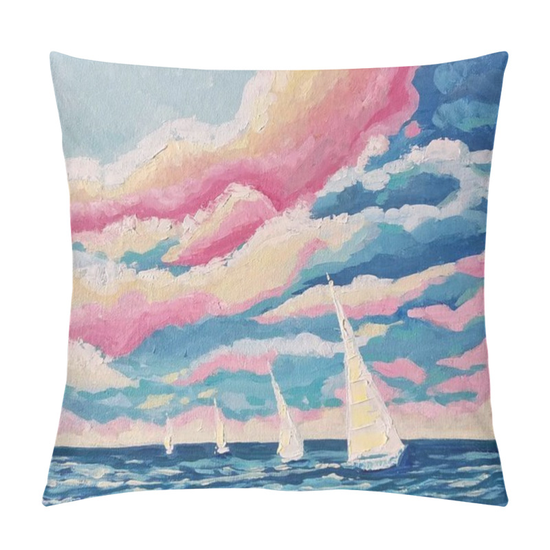 Personality  Abstract Painting, Oil Paints Strokes, Sea And White Sailboats Pillow Covers