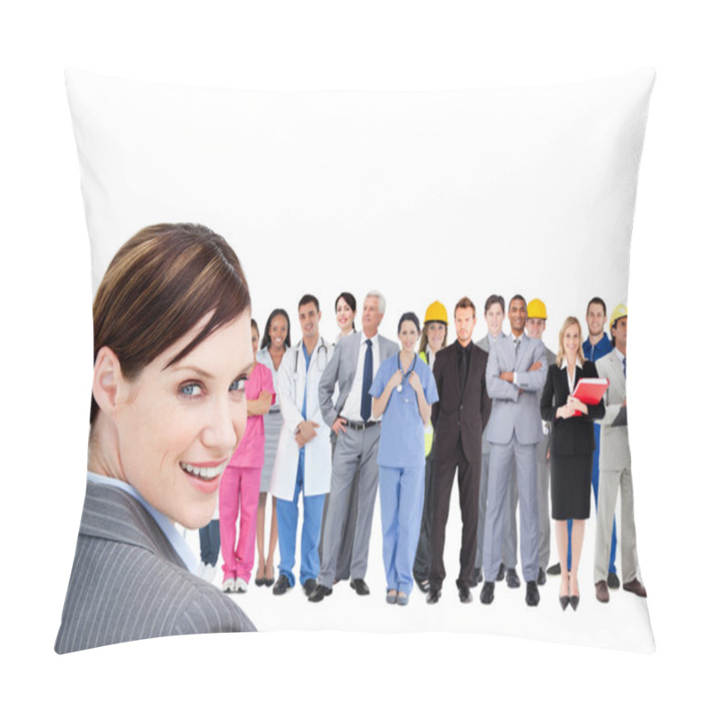 Personality  Smiling Businesswoman Ahead A Group Of With Different Jobs Pillow Covers