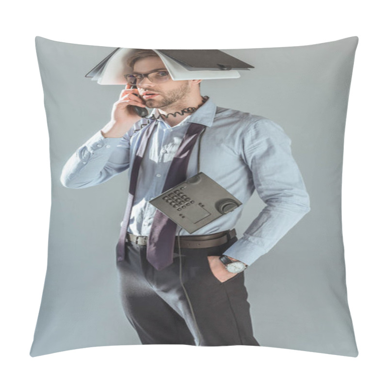 Personality  Confused Businessman Holding Notebook On His Head While Talking On Phone Isolated On Grey Pillow Covers