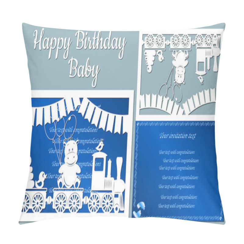 Personality  The Image With The Inscription-Happy Birthday Baby. Template With Vector Illustration Of Toys. Animals On The Train. For Laser Cutting, Plotter And Silkscreen Printing Pillow Covers