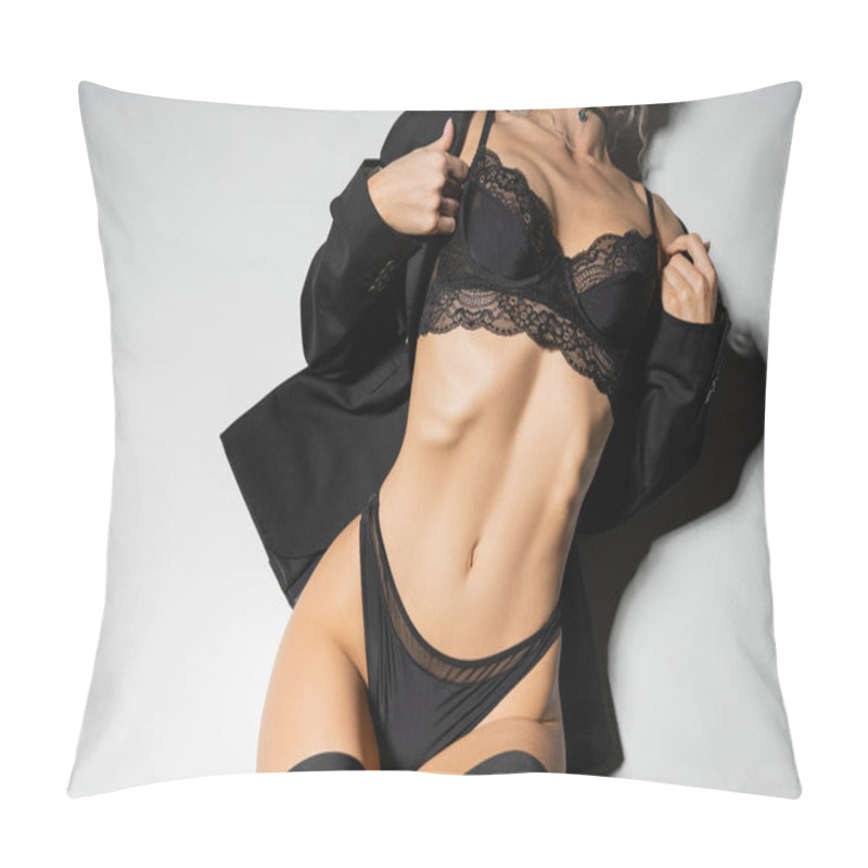 Personality  Top View Of Cropped Woman With Sexy And Slender Body, In Stylish Lingerie And Black Blazer Posing On Grey Background, Seductive Female Model, Erotic Fashion Photography Pillow Covers