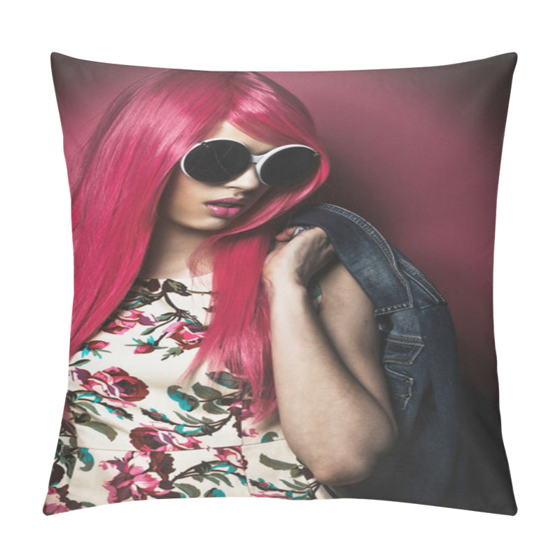 Personality  Beautiful Fashion Model  With Pink Hair Pillow Covers