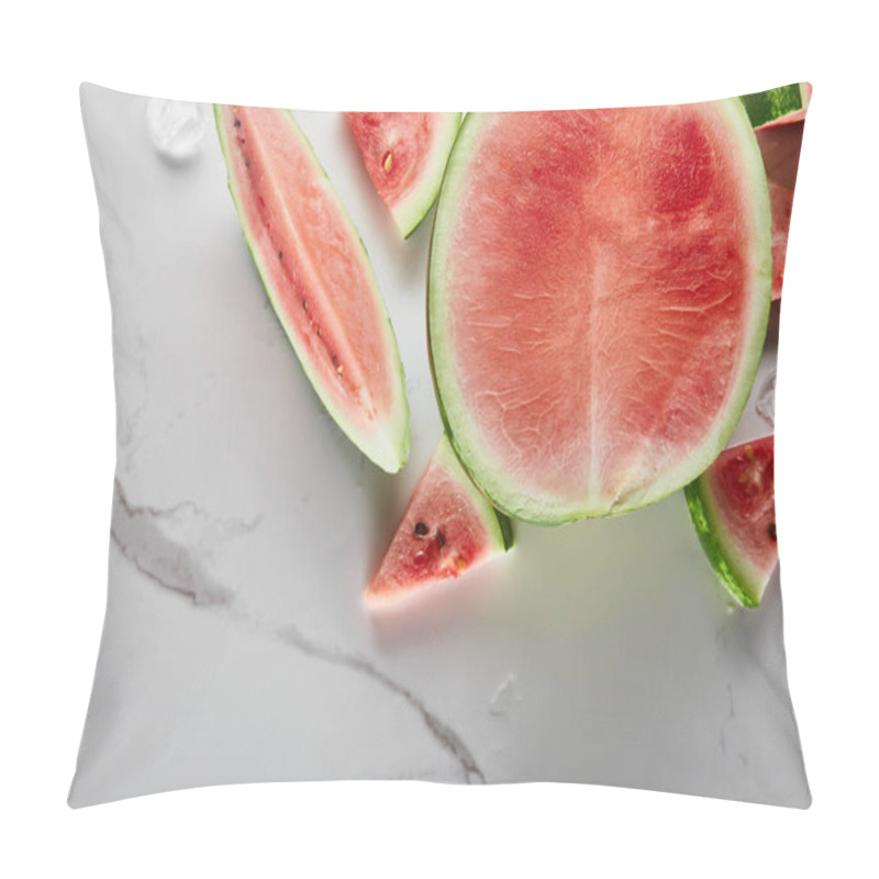 Personality  Top View Of Cut Delicious Exotic Watermelon With Ice On Marble Surface Pillow Covers