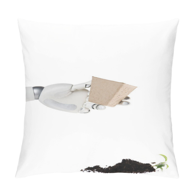 Personality  Cropped Shot Of Robot Holding Flower Pot And Heap Of Ground With Plant Spilled On Floor Isolated On White Pillow Covers