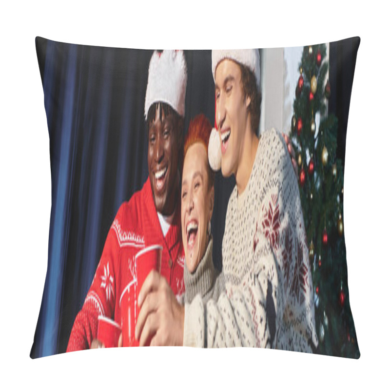 Personality  Coworkers Celebrate Christmas Together, Sharing Laughter And Festive Drinks In The Office. Pillow Covers