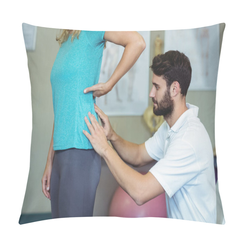 Personality  Physiotherapist Examining Womans Back Pillow Covers