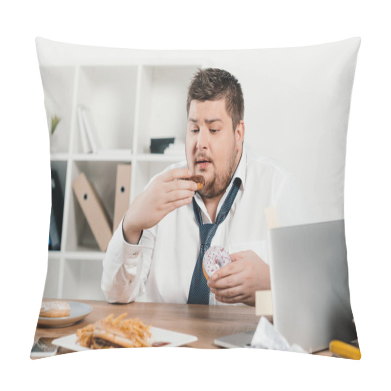 Personality  Overweight Businessman Eating Donuts, Hamburger And French Fries At Workplace Pillow Covers