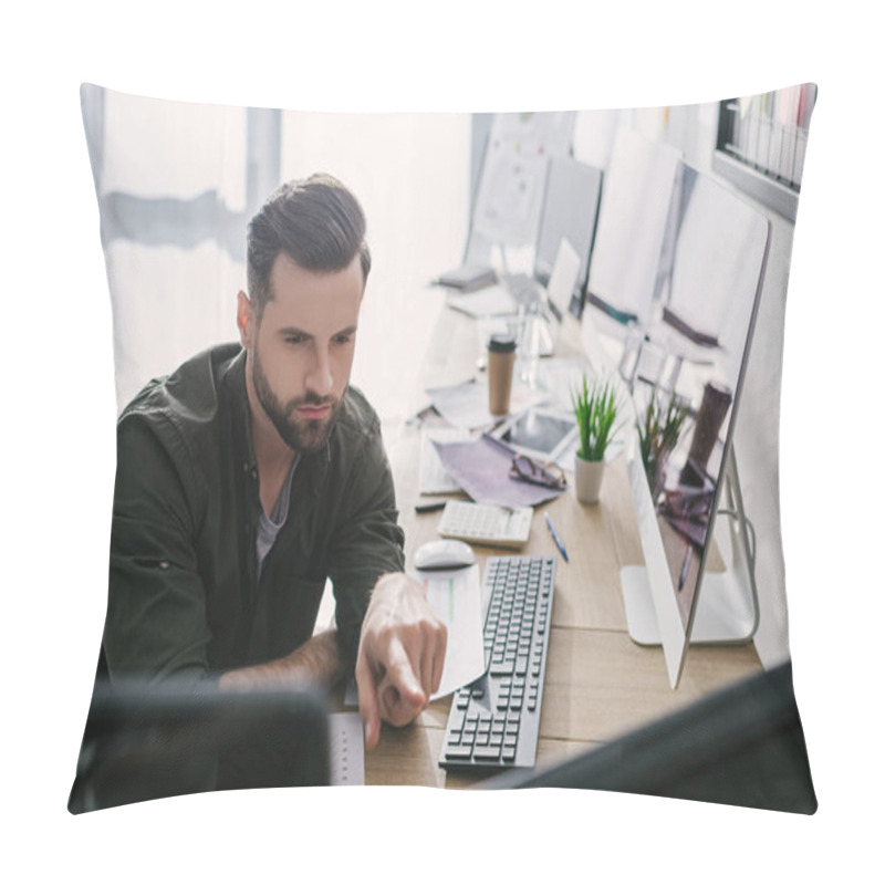 Personality  Selective Focus Of Data Analyst Pointing On Computer Monitor While Working In Office  Pillow Covers