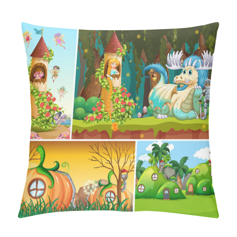 Personality  Four Different Scene Of Fantasy World With Beautiful Fairies In The Fairy Tale And Dragon With Knight And Pumpkin House Village Illustration Pillow Covers