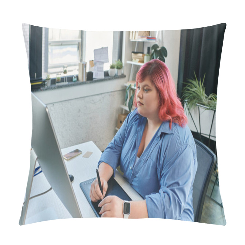 Personality  A Plus Size Woman With Vibrant Pink Hair Works On A Digital Design With A Stylus And Tablet. Pillow Covers