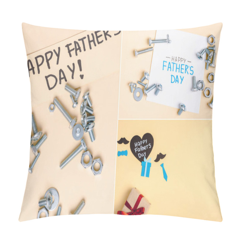 Personality  Split Image With Metal Nuts And Bolts And Greeting Cards With Lettering Happy Fathers Day On Beige Background  Pillow Covers