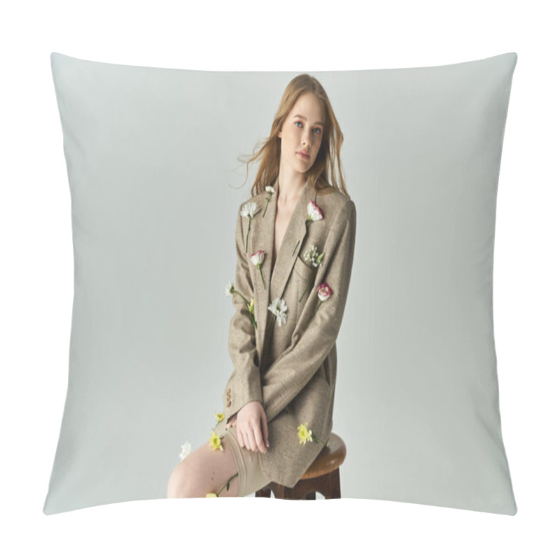 Personality  A Young Woman Quietly Poses, Showcasing Flowers On Her Outfit And A Soft Expression. Pillow Covers