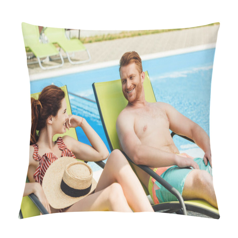 Personality  Smiling Young Couple Flirting While Relaxing On Sun Loungers In Front Of Swimming Pool Pillow Covers