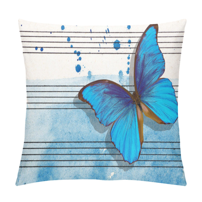 Personality  Morpho Blue Butterfly And Notes. Butterfly Melody. Photo Of Old Music Sheet In Blue Watercolor Paint. Blues Music Concept. Abstract Blue Watercolor Background. Copy Spaces Pillow Covers