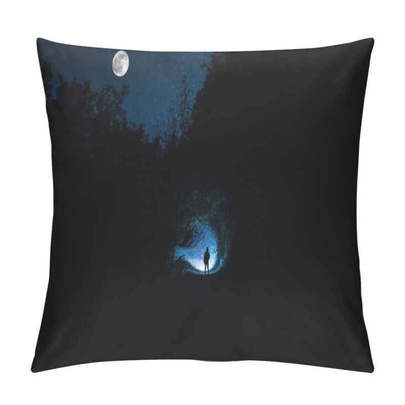 Personality  Silhouette Of Person Standing In The Dark Forest With Light. Horror Halloween Concept. Strange Silhouette In A Dark Spooky Forest At Night Pillow Covers