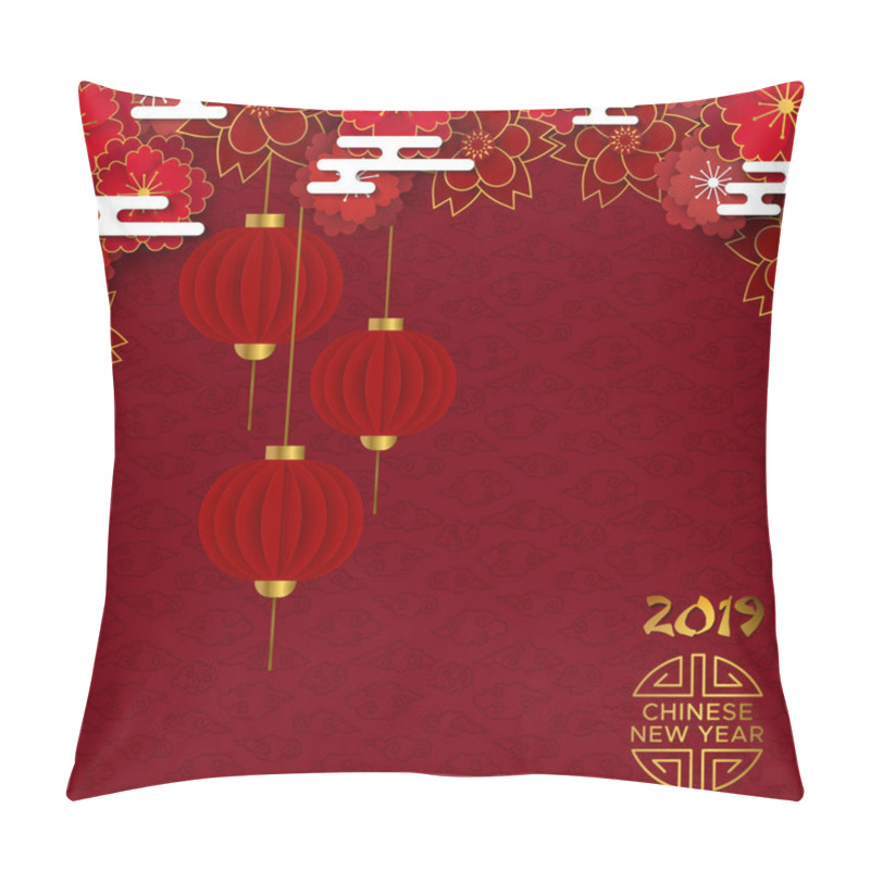 Personality  Chinese New Year Of The Pig 2019 Illustration. Red Background With Traditional Asian Lanterns And Plum Blossom Flowers In Gold Layered Paper.  Pillow Covers