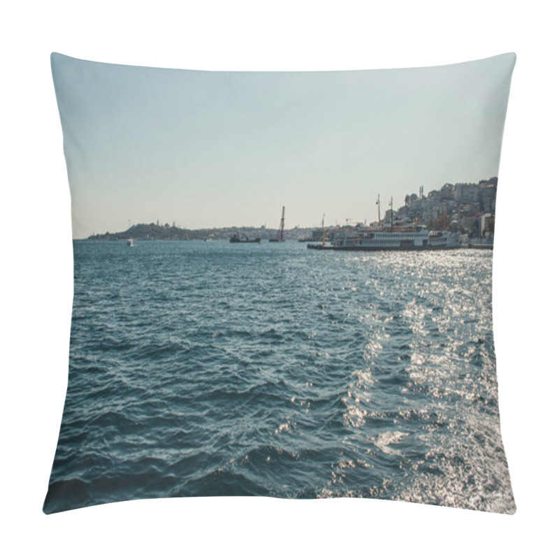 Personality  View Of Moored Ships And City From Bosphorus Strait, Istanbul, Turkey Pillow Covers