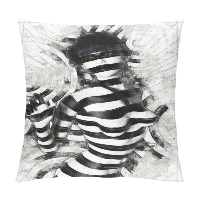 Personality  Digital 3D Illustration Of A Female In Black And White Pillow Covers