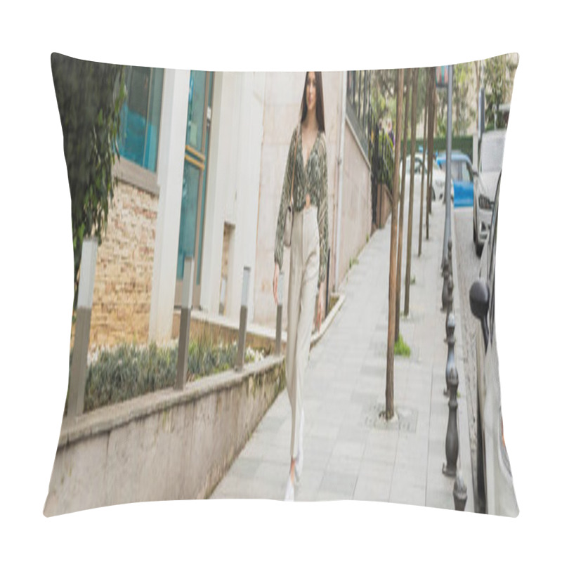 Personality  Young Woman With Long Hair In Beige Pants, Cropped Blouse And Handbag With Chain Strap Walking Near Modern Building, Cars And Green Trees On Urban Street In Istanbul, Tourist, Banner  Pillow Covers