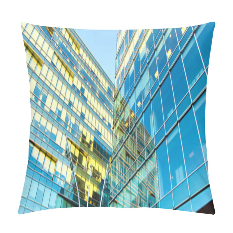 Personality  Panoramic And Prospective Wide Angle View To Steel Light Blue Background Of Glass High Rise Building Skyscraper Commercial Modern City Of Future. Business Concept Of Successful Industrial Architecture Pillow Covers