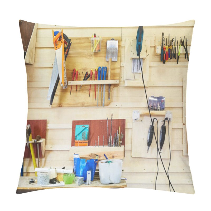 Personality  Tools Hanging On The Wall In A Carpentry Workshop. Saws, Screwdrivers, Jigsaws, Hammers, Drills, Etc. Workshop Scen Pillow Covers