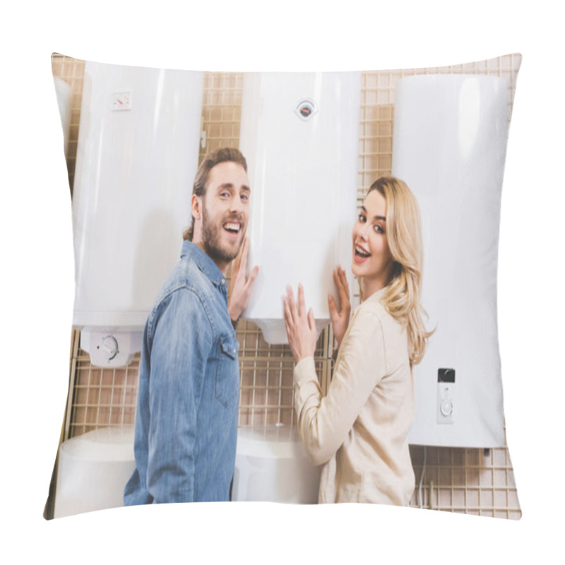 Personality  Smiling Boyfriend And Girlfriend Touching Boiler In Home Appliance Store  Pillow Covers