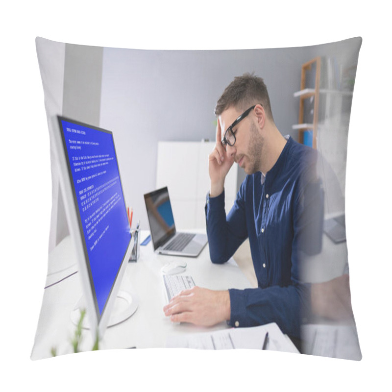 Personality  Worried Man At Computer With System Failure Screen At The Workplace Pillow Covers