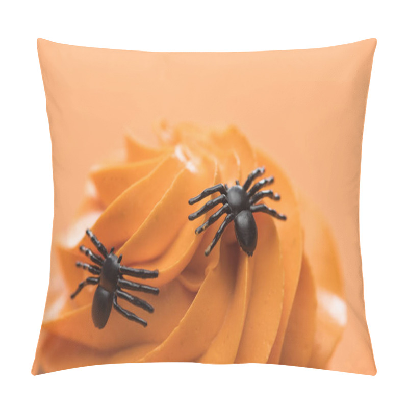 Personality  Close Up View Of Spooky Halloween Cupcake With Spiders On Cream Isolated On Orange Pillow Covers