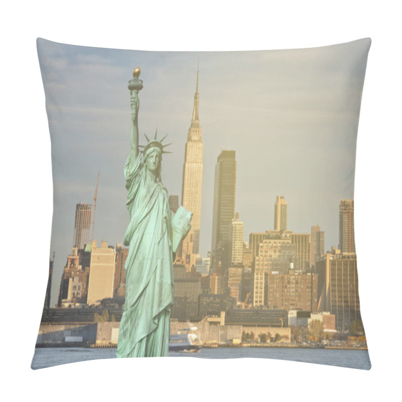 Personality  New York City Skyline Sunshine Ray. Famous New York City Cityscape And Skyline Landmark Over The Hudson River. With New York Statue Of Liberty. Pillow Covers