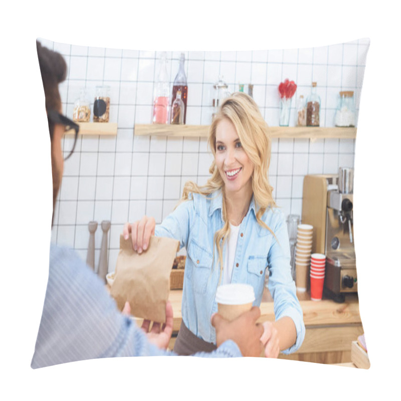 Personality  Waitress And Client With Coffee To Go Pillow Covers