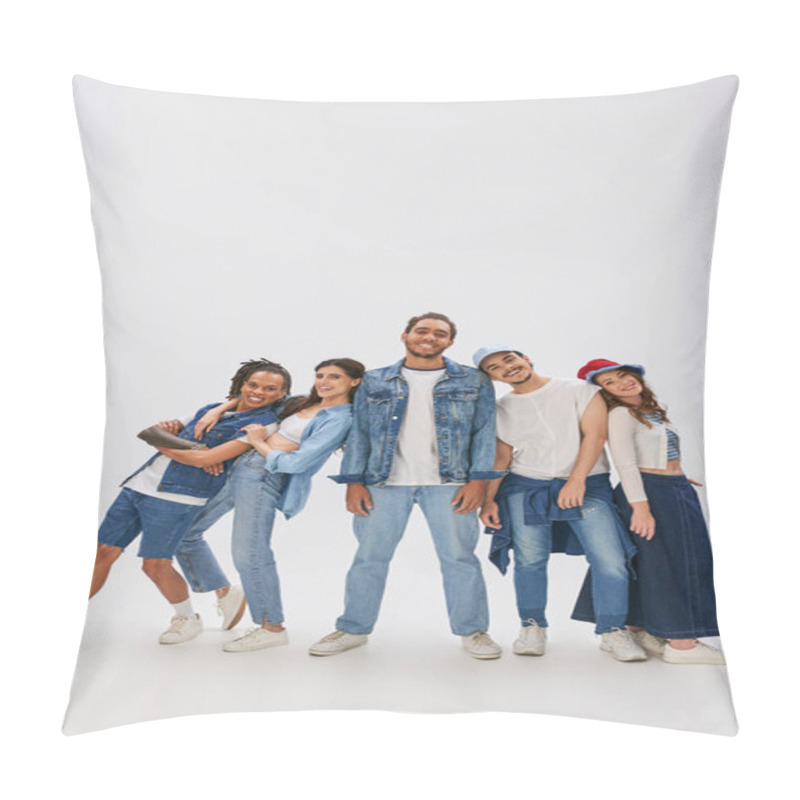 Personality  Excited Interracial Friends Posing Near African American Man Standing With Closed Eyes On Grey Pillow Covers