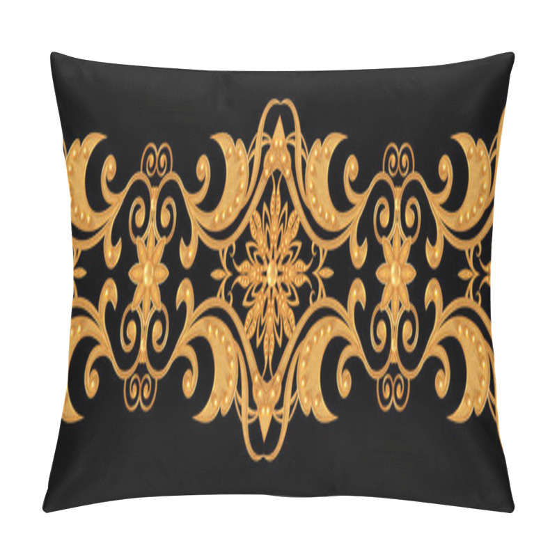 Personality  Seamless Pattern. Golden Textured Curls. Oriental Style Arabesques. Brilliant Lace, Stylized Flowers. Openwork Weaving Delicate, Golden Background, 3D Rendering. Pillow Covers