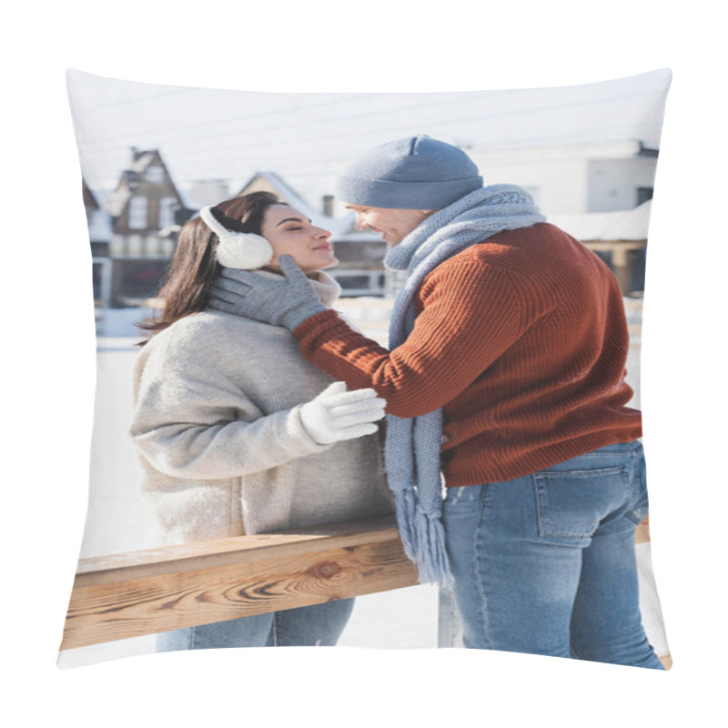 Personality  Side View Of Cheerful Couple Kissing Near Wooden Border On Ice Rink  Pillow Covers