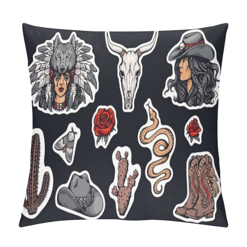 Personality  Wild West American Gothic Vector Stickers Set. Pretty Cowgirl In Headdress Decorated Wolf Head And Feathers, Roses And Cactus, Boots And Hat, Snake And Moth. Vintage Western Grunge Style Collection Pillow Covers