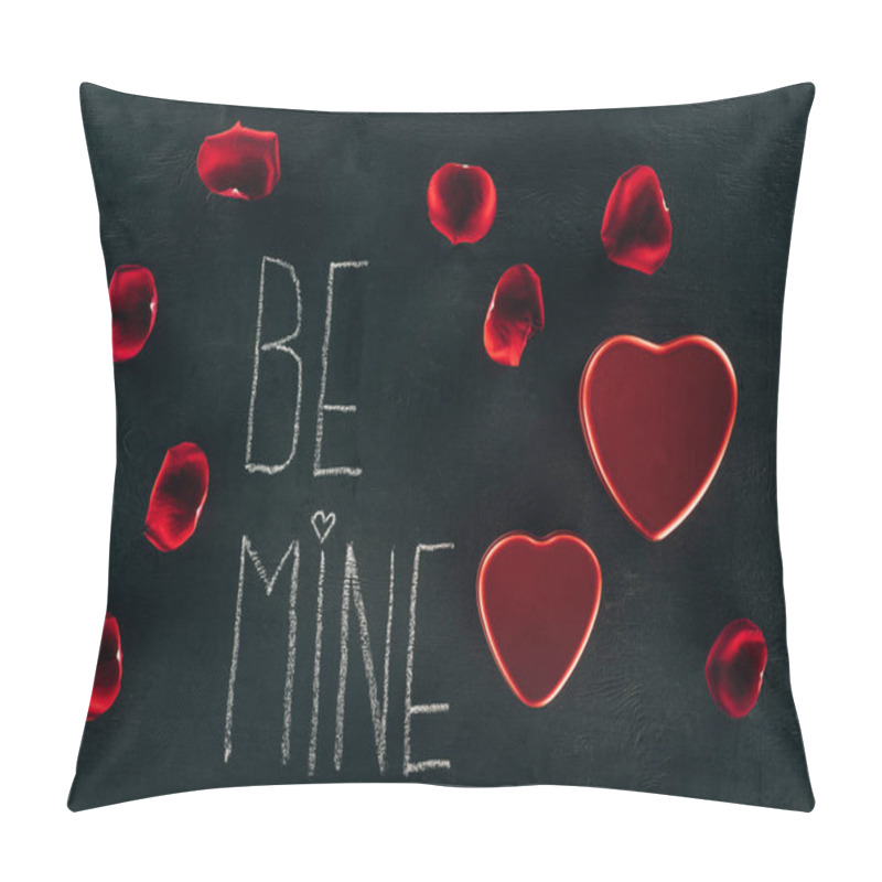 Personality  Lettering BE MINE Surrounded With Rose Petals And Heart Boxes On Black Surface, St Valentines Day Concept Pillow Covers