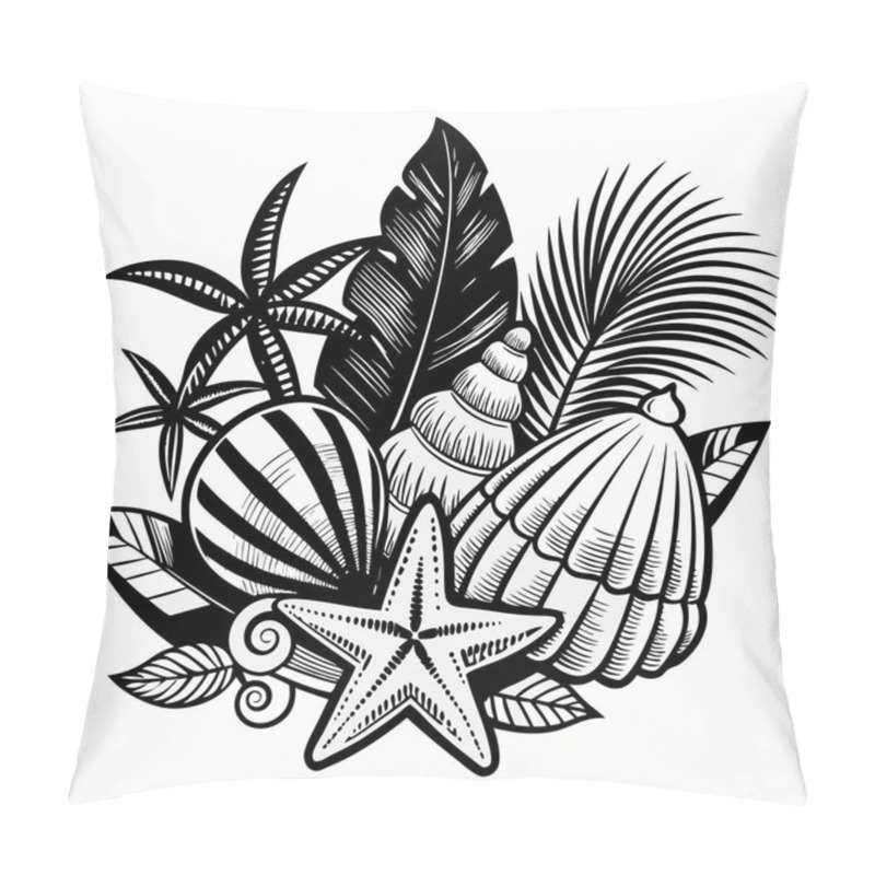 Personality  Tropical Beach Elements Vector Art With Black Palm And Seashells Pillow Covers