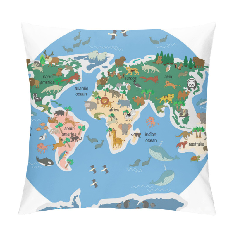 Personality  Children's World Map With Mainland Fauna Pillow Covers