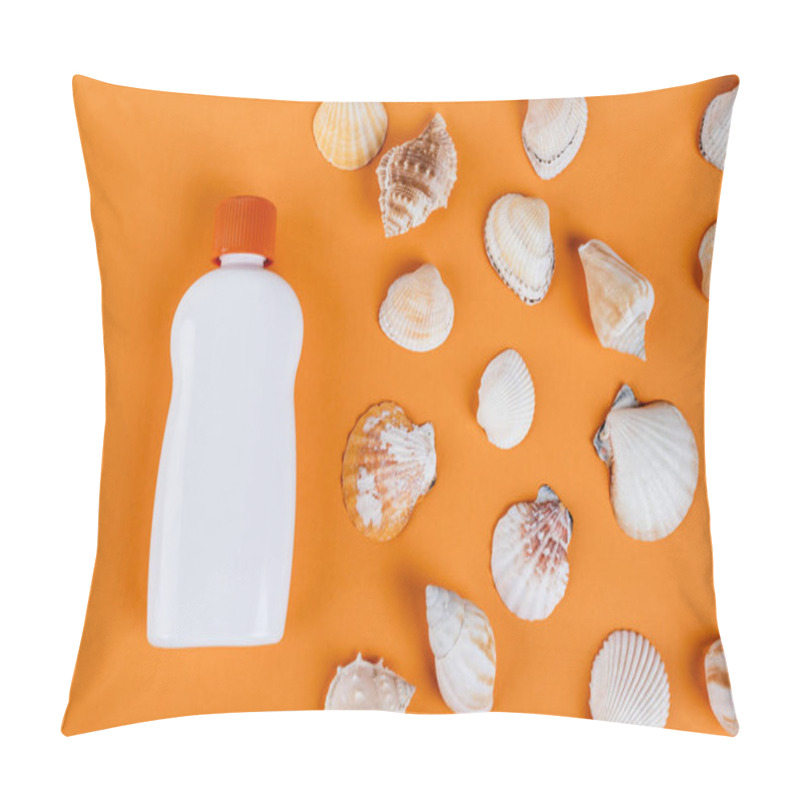 Personality  Top View Of Seashells Near White Bottle Of Sunscreen On Orange Surface Pillow Covers